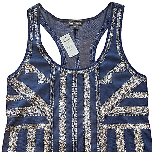 Express Top Womens Small Sequins Cocktail Blue Tank Top Razor Back - Picture 3 of 7